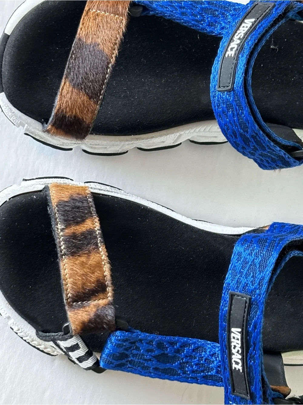 Versace (Italy) Kids, Blue, Brown & Neon Green Animal-Accent Sport Sandals